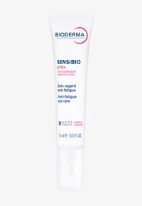 Tube Bioderma Sensibio Eye+ de 15 ml, blanc avec texte rose et bleu. Dispose d'une buse d'application étroite pour une application précise.