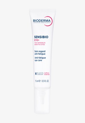 Tube Bioderma Sensibio Eye+ de 15 ml, blanc avec texte rose et bleu. Dispose d'une buse d'application étroite pour une application précise.