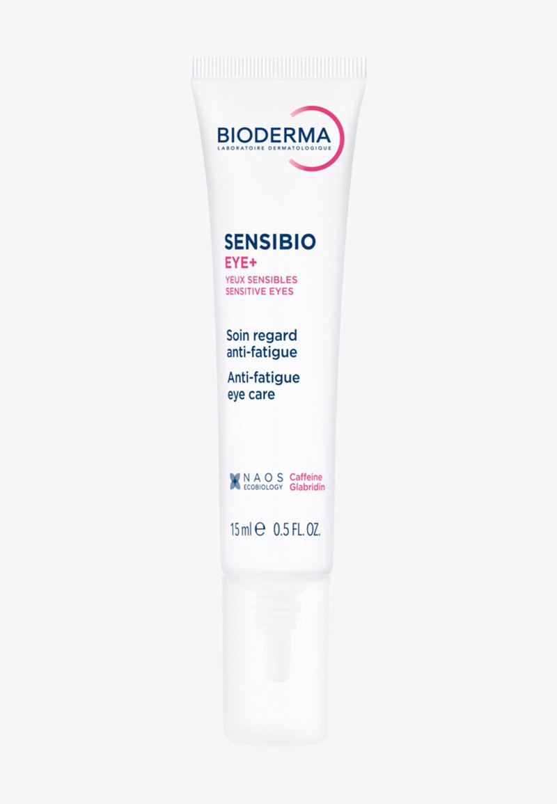 Tube Bioderma Sensibio Eye+ de 15 ml, blanc avec texte rose et bleu. Dispose d'une buse d'application étroite pour une application précise.