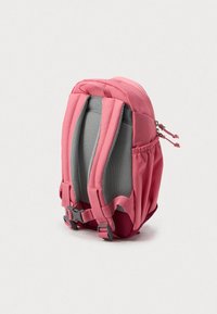 Zaino rosa con schienale imbottito, spalline regolabili e dettagli in rete grigia. Presenta doppie cerniere e una tasca laterale per riporre gli oggetti.