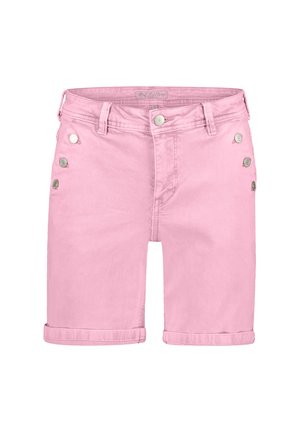 Lyserøde denimshorts med opkrøllet kant, med sølvfarvede knapdetaljer på siderne og en traditionel lukning med knap og lynlås.