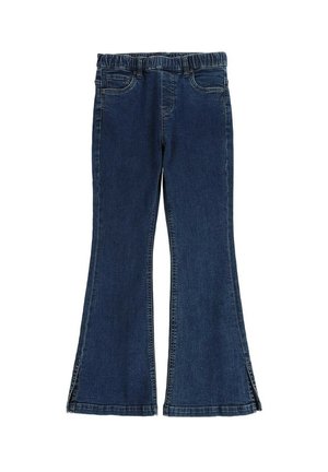 Ciemnoniebieskie dżinsy z dzwonowatymi nogawkami i bocznymi rozcięciami, z przednimi i tylnymi kieszeniami oraz elastycznym pasem.