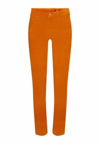 Jean skinny en coton orange avec fermeture à bouton, design à cinq poches et passants pour ceinture. Texture lisse et coupe slim qui s'affine jusqu'à la cheville.