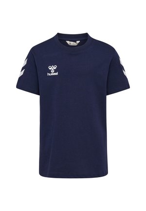 Marineblaues Baumwoll-T-Shirt mit Rundhalsausschnitt, kurzen Ärmeln und weißen Logo- sowie Chevron-Mustern auf den Schultern. Weiche Textur.