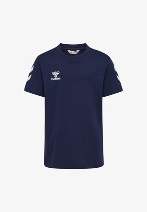 Mörkblå bomulls-t-shirt med rund halsringning, korta ärmar och vitt logotyp- och sicksackmönster på axlarna. Mjuk textur.