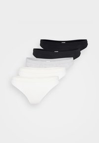 Ett paket med sex bikinin underkläder i vitt, ljust grått, mörkt grått och svart. Tillverkade av ett mjukt, elastiskt tyg med en slät midjeresår.