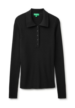 Czarna, prążkowana dzianinowa koszulka polo z długim rękawem, pięcioma guzikami z przodu i złożonym kołnierzem, rozmiar mały, od United Colors of Benetton.