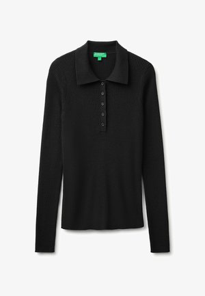 Zwarte langemouwen geribbelde gebreide polo met vijf knopen aan de voorkant en een omslagen kraag, maat small van United Colors of Benetton.