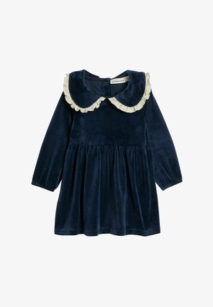 Marineblauwe fluwelen jurk met lange mouwen, voorzien van een witte geruffelde kraag en een taille met plooien, ontworpen voor kinderen.