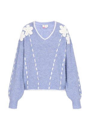 Šviesiai mėlyna megzta klasikinio V formos kaklo džemperis su per didelėmis rankovėmis, baltais gėlių aplikacijomis ir kontrastine balta siuvinėjimu šonuose.