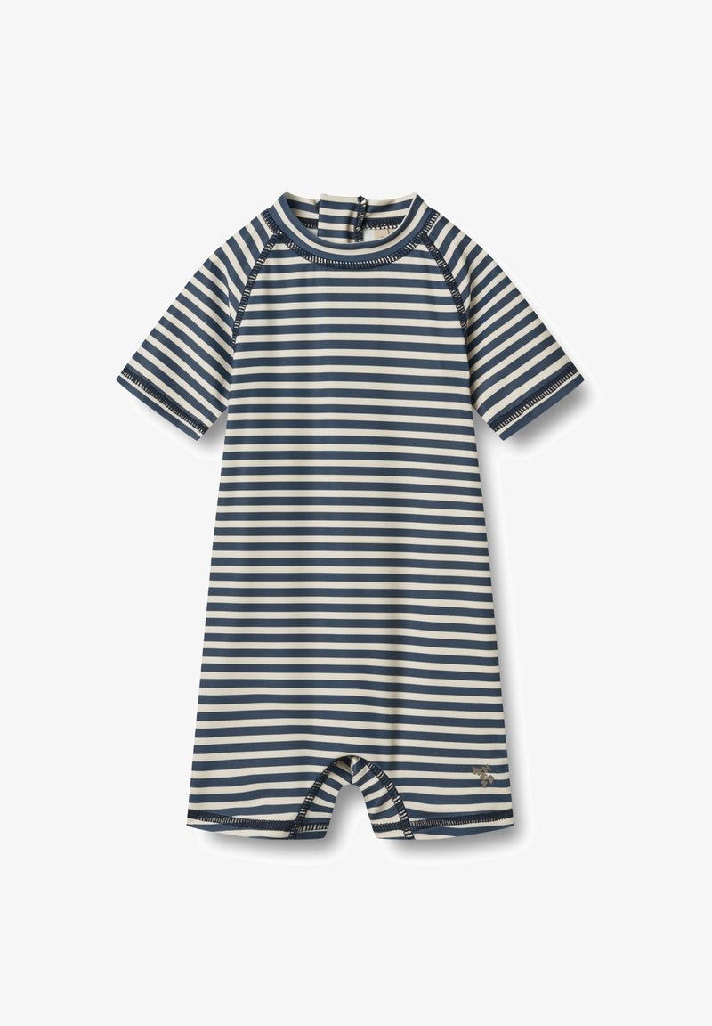 Striped short-sleeve swimsuit with a blue and cream color scheme. Features a high collar and snap closure at the back for easy wear.