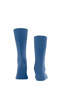 Blaue Baumwollsocken mit geripptem Bündchen, konischer Form und glatter Textur. Die Farbe ist ein einheitliches Blau ohne Muster oder Hardwaredetails.