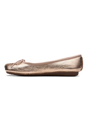 Metallic bronze ballet flat with a textured finish, rounded toe, simple bow accent, and soft inside lining. Flat rubber sole.