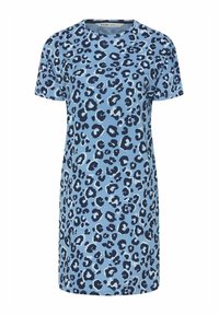Kortsleeve klänning i ljusblått tyg med ett leopardmönster i mörkblått. Rund hals och avslappnad passform med rak nederkant.