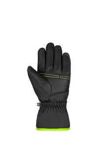 Guanto in pelle nera con cinque dita, polso elastico e cuciture verdi a contrasto. Presenta un palmo testurizzato per una presa sicura e un maggiore calore.