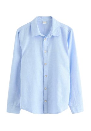 Vaaleansininen pitkähihainen nappipaita, jossa on kaulus ja beiget napit, esitetty valkoisella taustalla.