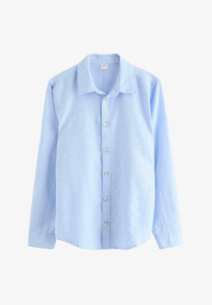 Hellblaues Hemd mit langen Ärmeln, Knopfleiste, Kragen und beigen Knöpfen, präsentiert auf weißem Hintergrund.