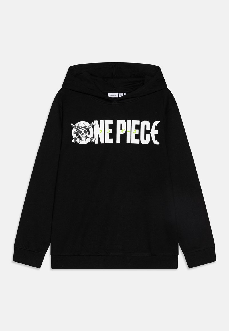 Felpa nera con cappuccio che presenta il testo "ONE PIECE" in bianco, una grafica di teschio e accenti verdi. Realizzata in tessuto morbido con polsini a coste.