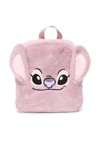 Zaino in peluche rosa con un volto da cartone animato, caratterizzato da grandi occhi e orecchie. Texture morbida con una maniglia in tessuto sulla parte superiore.