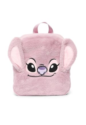 Zaino in peluche rosa con un volto da cartone animato, caratterizzato da grandi occhi e orecchie. Texture morbida con una maniglia in tessuto sulla parte superiore.