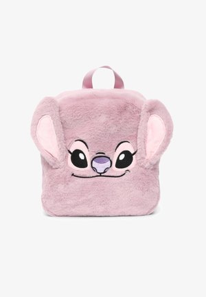 Zaino in peluche rosa con un volto da cartone animato, caratterizzato da grandi occhi e orecchie. Texture morbida con una maniglia in tessuto sulla parte superiore.