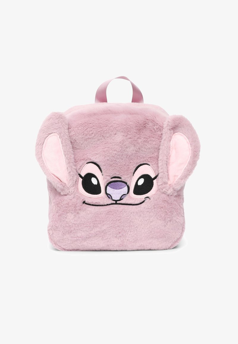 Zaino in peluche rosa con un volto da cartone animato, caratterizzato da grandi occhi e orecchie. Texture morbida con una maniglia in tessuto sulla parte superiore.