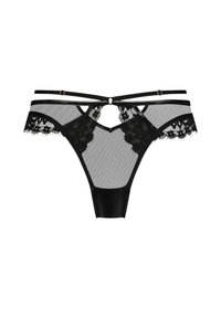 Sorte blondertruse med netpaneler, med kryssremmer og et nøkkelhull-detalj. Myk tekstur med blonderkantdetaljer gjennomgående.