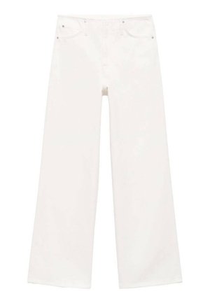 White high-waist wide-leg jeans with front button and zip closure, two front pockets, and belt loops.