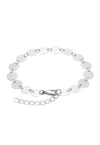 Bracciale in argento con link a disco rotondi e lucidi. Chiusura con gancetto e catena estensibile regolabile per adattarsi alla dimensione.