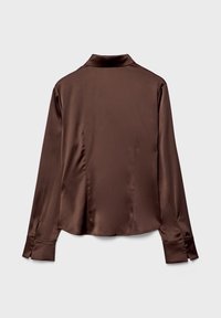 Brown satin long-sleeve shirt with a collar, featuring a smooth texture, button cuffs, and a relaxed fit design. Back view shown.