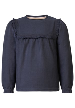 Blusa blu navy manica lunga con bordo arricciato sul carré e polsini, tessuto strutturato, scollo rotondo, vestibilità ampia.
