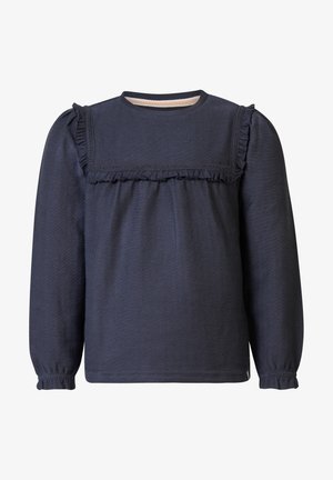 Blouse bleu marine à manches longues avec empiècement et poignets froncés, tissu texturé, encolure ronde, coupe ample.