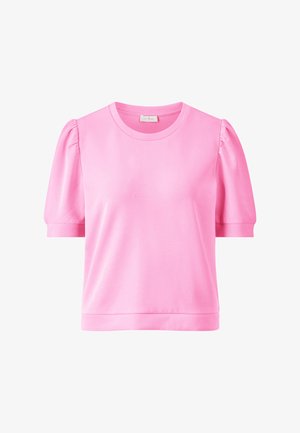 Top rosa a maniche corte con scollatura rotonda. Presenta maniche a palloncino e un tessuto morbido e leggero. Vestibilità semplice e rilassata, senza motivi.
