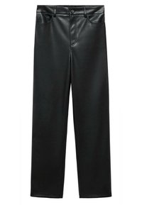 Pantalon en simili cuir noir à coupe droite, doté d'une fermeture avant à boutons et zip, cinq poches, et une texture lisse.