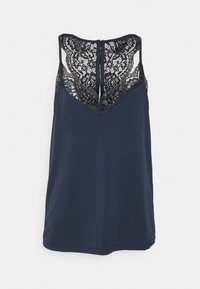 Námořnicky modrý tílko s krajkovým zády ve tvaru písmene V, hladkou látkou a kulatým výstřihem s jemným leskem.