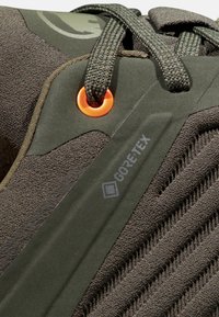 Mörkgrön sko med en slät yta, GORE-TEX-logotyp, förstärkta detaljer och orangea snörhål. Utsmyckad med ribbade designelement.