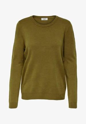 Pull en tricot vert olive à manches longues avec un motif gaufré texturé et des poignets, ourlet et col rond côtelés.