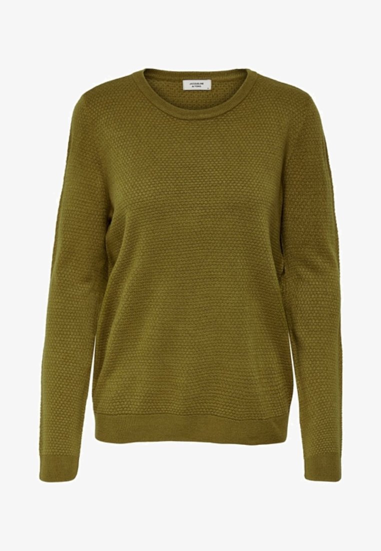 Pull en tricot vert olive à manches longues avec un motif gaufré texturé et des poignets, ourlet et col rond côtelés.