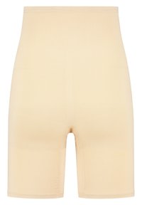 Shorts modellanti in beige a vita alta realizzati in materiale elastico e liscio. Presentano una vita a coste e un design senza cuciture per un maggiore comfort.