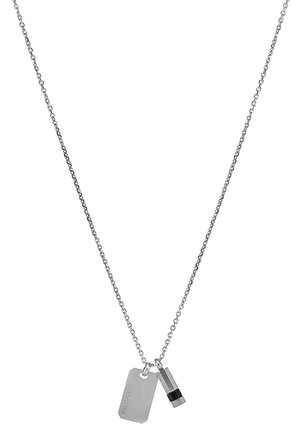 Silver chain necklace features two pendants: a rectangular tag and a small bar, engraved logo, and a black accent on the bar.