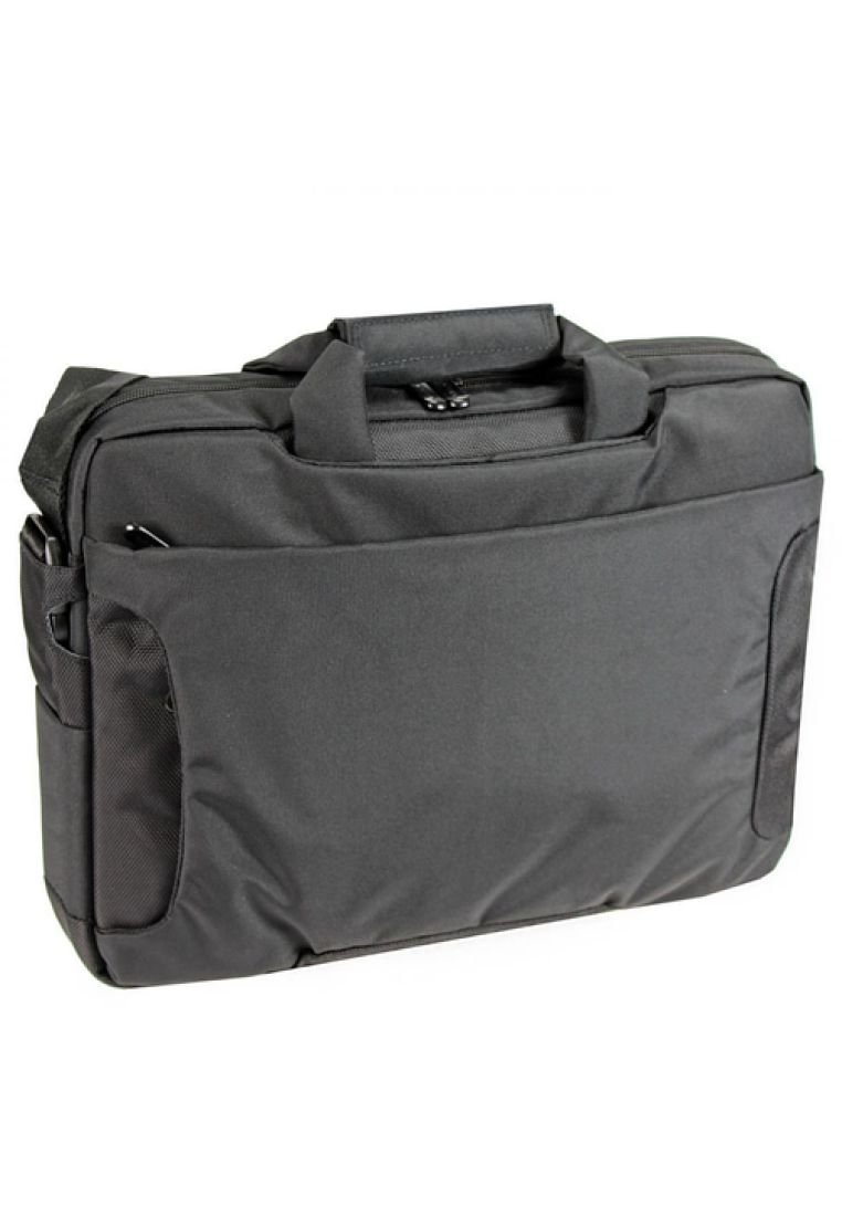Black nylon laptop bag with dual top handles, padded design, zippered closure, and exterior pockets for additional storage.