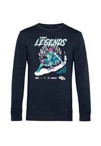 Námořnická mikina s dlouhými rukávy, která má živou grafiku postavy v tyrkysové a růžové barvě, spolu se stylizovaným textem "STREET LEGENDS."