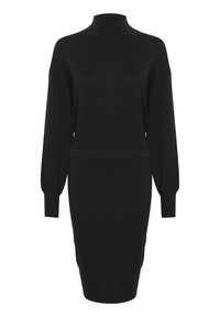 Robe en maille noire à manches longues avec un col montant, une taille cintrée et une silhouette jupe crayon mi-longue.