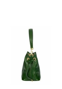 Sac seau en cuir vert avec une seule anse supérieure, accents en métal doré, fermeture à cordon et texture lisse.