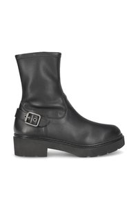 Bottine en cuir noir avec un bout rond, texture lisse et détail de boucle sur le côté. Elle présente une semelle épaisse et un minimum de couture.