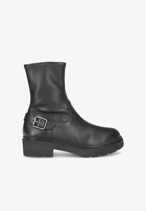 Schwarze Leder-Ankle Boots mit einer abgerundeten Zehenform, glatter Oberfläche und einer seitlichen Schnallen-Details. Mit einer klobigen Sohle und minimalen Nähten.