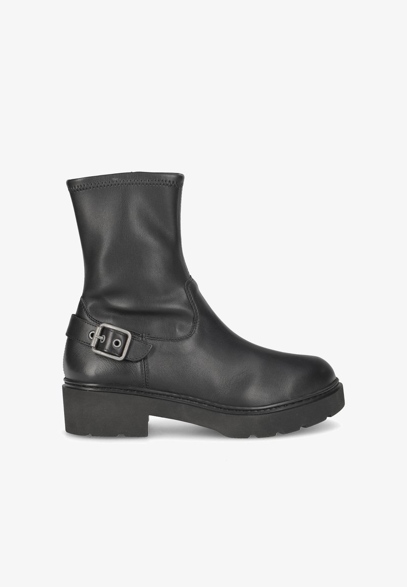 Black leather ankle boot with a rounded toe, smooth texture, and a side buckle detail. Features a chunky sole and minimal stitching.