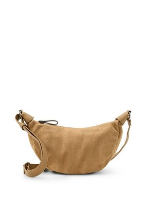 Borsa a tracolla in tessuto a coste color marrone chiaro con tracolla regolabile e chiusura con cerniera su sfondo bianco.