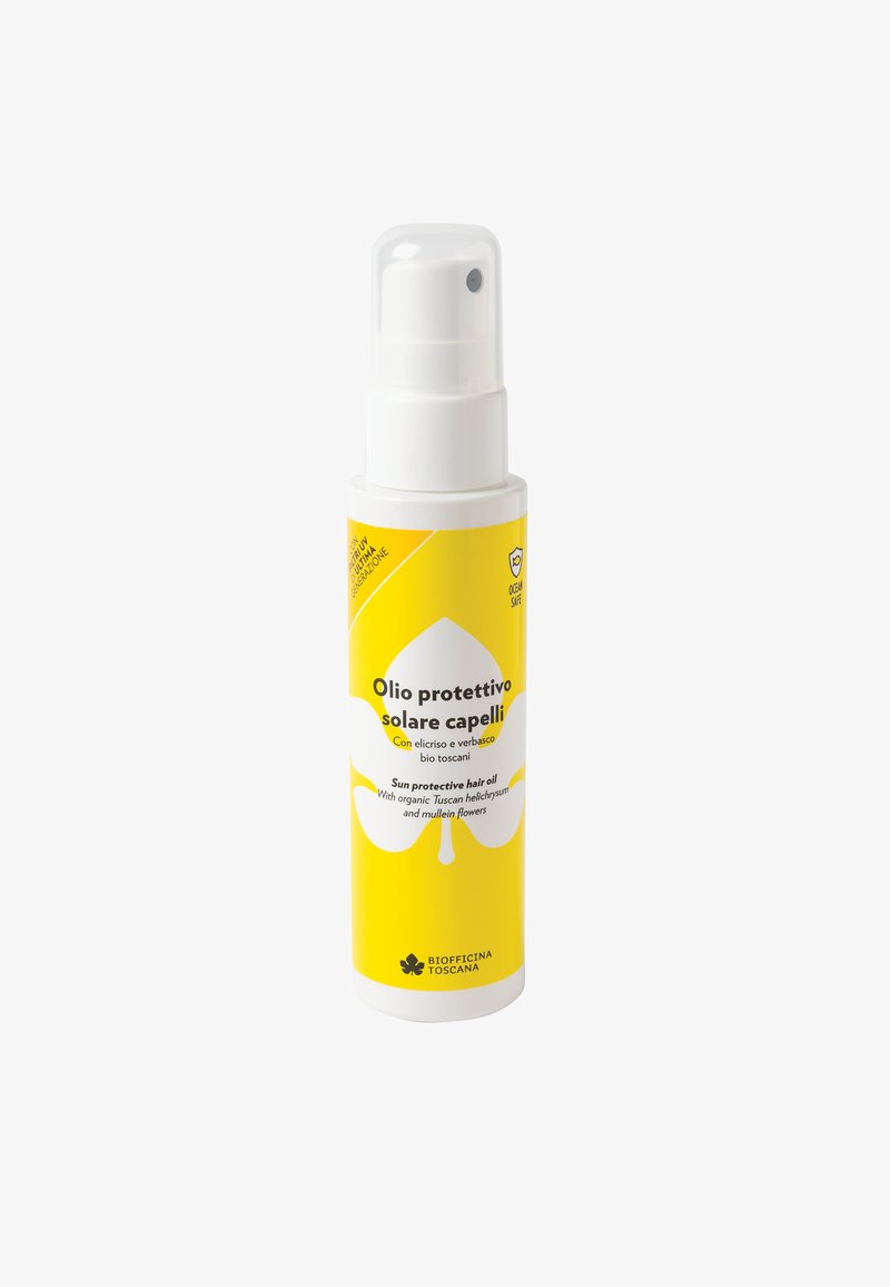 Olio per capelli protettivo dal sole in una bottiglia cilindrica bianca con un'etichetta gialla raffigurante un motivo a foglia e testo nero, dotata di un erogatore bianco.