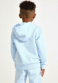 Hellblauer Hoodie aus weichem Stoff, mit großer Kapuze, gerippten Bündchen und Bund. Das Design ist schlicht ohne auffällige Muster.